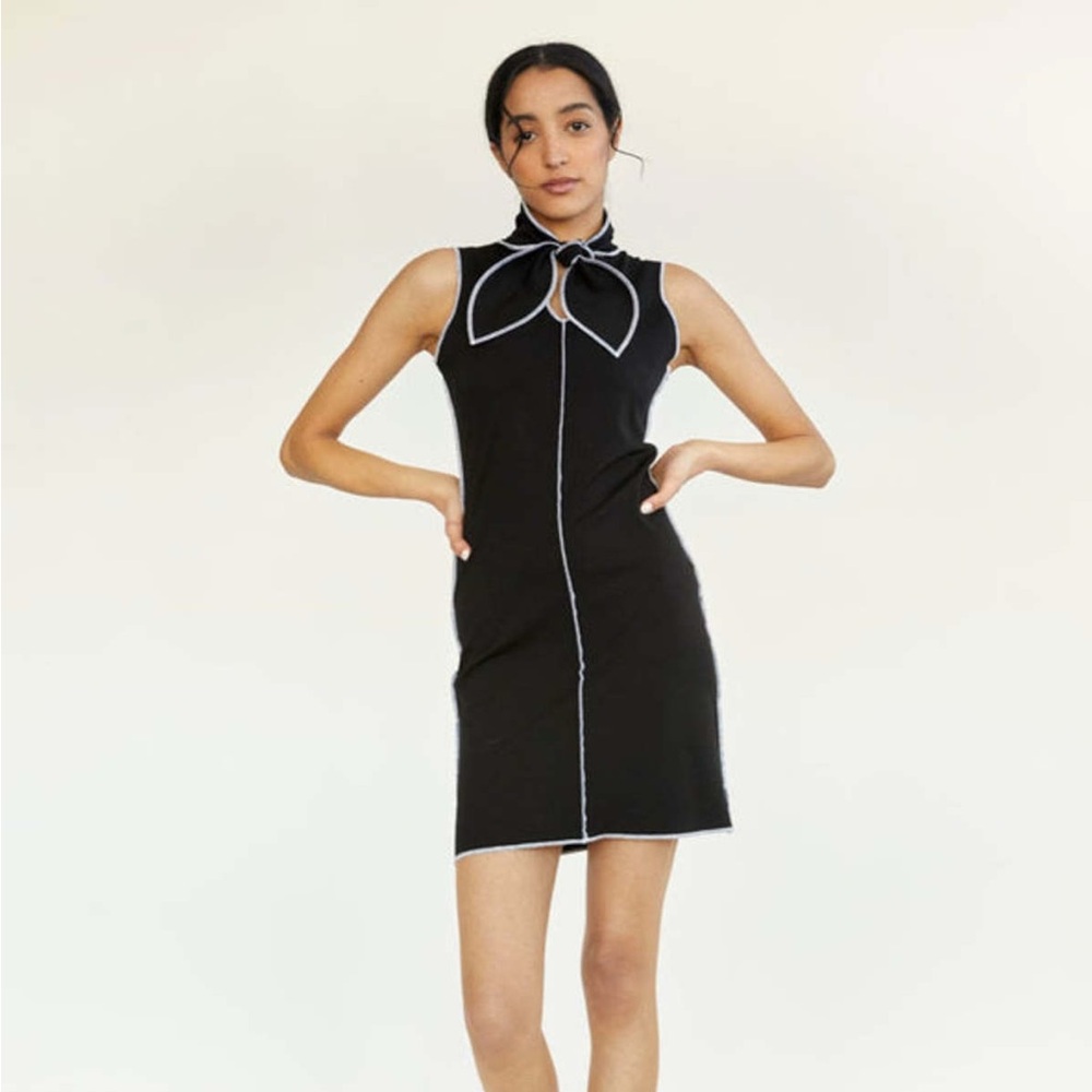 Eliza Faulkner Sz 2X Nicki Black Stretchy Short Bow Neck Dress